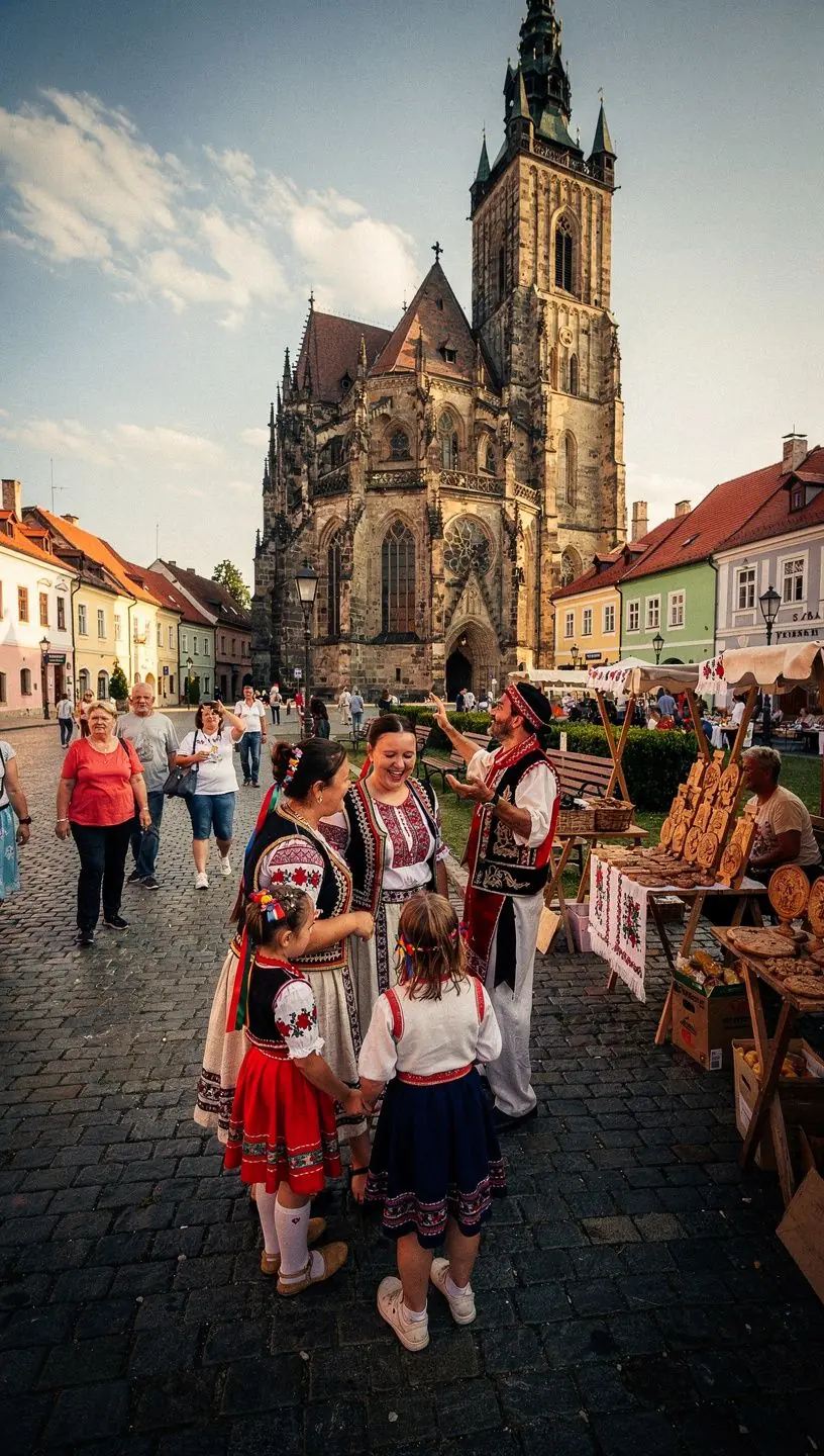 Visitors exploring the cultural treasures of Bardejov, surrounded by ancient walls and historic buildings.
